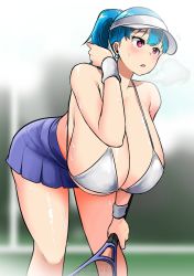 Rule 34 | 1girl, adjusting hair, bikini, bikini top only, blue hair, blue skirt, borrowed character, breasts, earrings, hanging breasts, highres, huge breasts, jewelry, leaning forward, looking at another, original, ponytail, racket, red eyes, rina atherina, saltnvalk, short hair, skirt, standing, sweat, swimsuit, tennis court, tennis racket, visor cap, wrist cuffs