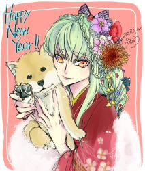 Rule 34 | 2018, animal, bag, bow, braid, c.c., closed mouth, code geass, dated, dog, floral print, green hair, hair between eyes, hair bow, happy new year, holding, holding animal, holding dog, japanese clothes, kimono, long hair, looking at viewer, new year, print kimono, red background, red kimono, roman buriki, signature, smile, solo, striped, very long hair, yellow eyes