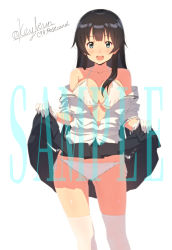 Rule 34 | 1girl, agano (kancolle), alternate costume, bikini, black hair, blush, breasts, cleavage, clothes lift, clothes pull, collarbone, cowboy shot, gloves, green eyes, grey skirt, kantai collection, key kun, large breasts, lifted by self, long hair, looking at viewer, open mouth, sample watermark, shirt, shirt pull, side-tie bikini bottom, sidelocks, simple background, skirt, skirt lift, smile, solo, swimsuit, teeth, thighhighs, thighs, twitter username, uniform, upper teeth only, watermark, white background, white bikini, white gloves, white shirt, white thighhighs