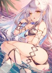 Rule 34 | 1girl, absurdres, ass, bare shoulders, bikini, black bikini, breasts, brown eyes, earrings, melusine (fate), fate/grand order, fate (series), forked eyebrows, highres, hoop earrings, jewelry, long hair, looking at viewer, parted lips, shore, sidelocks, small breasts, solo, spica/kanade, swimsuit, thighs, water, white hair