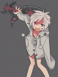 Rule 34 | 1girl, bags under eyes, coat, female focus, grey background, highres, leaning forward, looking at viewer, monster girl, ootorii bisetsu, open mouth, original, red eyes, short hair, simple background, smile, solo, tentacles, wavy mouth, white coat, white hair