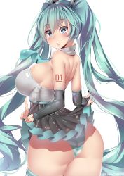 Rule 34 | 1girl, ahoge, aqua eyes, aqua hair, aqua panties, ass, backless outfit, bare back, bare shoulders, black gloves, black skirt, black thighhighs, blush, breasts, commentary, cowboy shot, elbow gloves, from side, gloves, hair between eyes, hairband, hands up, hatsune miku, high-waist skirt, highres, huge ass, kanachirou, large breasts, long hair, looking at viewer, open mouth, panties, partially fingerless gloves, pleated skirt, shoulder tattoo, sideboob, sidelocks, simple background, skirt, solo, striped clothes, striped panties, tattoo, thick thighs, thighhighs, thighs, triangle mouth, twintails, twisted torso, twitter username, underwear, v, very long hair, vocaloid, white background, wide hips