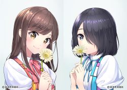 Rule 34 | 2girls, black hair, blush, brown eyes, brown hair, character request, closed mouth, collared shirt, copyright request, enogu, flower, fujiya takao, grey eyes, hair over one eye, highres, holding, holding flower, iwamotochou geinousha, looking at viewer, multiple girls, puffy short sleeves, puffy sleeves, shirt, short hair, short sleeves, smile, virtual youtuber, white shirt