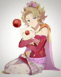Rule 34 | 1girl, bad id, bad pixiv id, bare shoulders, cape, detached sleeves, earrings, final fantasy, final fantasy vi, grey background, grey eyes, hair ribbon, highres, holding, jewelry, light brown hair, looking at viewer, moogle, pantyhose, parted lips, ribbon, short hair, sitting, tina branford, white pantyhose, yawai tofu