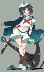 Rule 34 | 1girl, anchor, belt, black hair, blue eyes, boots, chain, crossed legs, eyebrows, female focus, hat, iroyopon, jacket, crossed legs, midriff, murasa minamitsu, navel, open mouth, sailor, sailor collar, sailor hat, short hair, shorts, solo, standing, thick eyebrows, touhou, watson cross