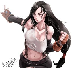 Rule 34 | 1girl, 2000s (style), black hair, blush, bouncing breasts, breasts, brown eyes, butcha-u, cleavage, covered erect nipples, curvy, earrings, elbow gloves, female focus, final fantasy, final fantasy vii, fingerless gloves, gloves, highres, jewelry, large breasts, lips, long hair, midriff, pencil skirt, retro artstyle, simple background, skirt, sleeveless, solo, square enix, suspender skirt, suspenders, sweat, tank top, tifa lockhart, upper body
