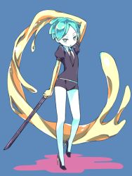 Rule 34 | 1other, amimi, androgynous, aqua eyes, aqua hair, blue background, full body, gem uniform (houseki no kuni), gold, golden arms, green eyes, green hair, high heels, holding, holding sword, holding weapon, houseki no kuni, looking at viewer, necktie, phosphophyllite, short hair, solo, spoilers, sword, weapon