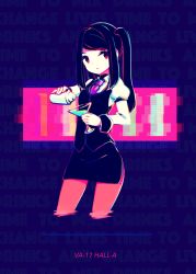 Rule 34 | 1girl, bartender, black hair, cocktail, cocktail glass, cropped legs, cup, digital dissolve, drinking glass, glitch, jill stingray, looking away, makaroll, pantyhose, pencil skirt, ponytail, shaker, skirt, solo, swept bangs, text focus, uniform, va-11 hall-a