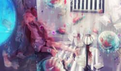 Rule 34 | 1girl, air bubble, bad id, bad pixiv id, barefoot, bubble, chain, earrings, envelope, fish, flower, fox, glass, highres, indoors, jewelry, lamp, light rays, long hair, marble (toy), mask, mop, oni mask, original, pink eyes, pink hair, shiroxx0094, solo, surreal, underwater, wall, water