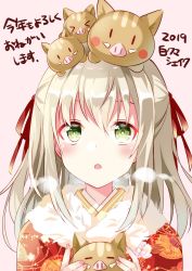 Rule 34 | &gt; &lt;, 1girl, 2019, animal, animal on head, blush, boar, breath, chinese zodiac, closed eyes, commentary request, covered erect nipples, fingernails, fur collar, green eyes, hair between eyes, hair ribbon, highres, holding, holding animal, japanese clothes, kimono, light brown hair, long hair, nail polish, on head, original, parted lips, pink background, pink nails, print kimono, red kimono, red ribbon, ribbon, shiro kuma shake, solo, translation request, year of the pig, | |