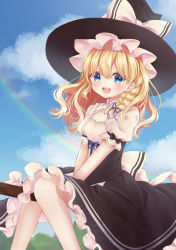 Rule 34 | 1girl, :d, absurdres, alternate eye color, black hat, black skirt, black vest, blonde hair, blue eyes, blue sky, blush, braid, breasts, broom, broom riding, cleavage, cloud, commentary request, day, feet out of frame, hair between eyes, hat, hat ribbon, highres, kirisame marisa, knees together feet apart, legs together, long hair, medium breasts, mimi89819132, open mouth, outdoors, petticoat, puffy short sleeves, puffy sleeves, raglan sleeves, rainbow, ribbon, shirt, short sleeves, single braid, sitting, skirt, sky, smile, solo, star-shaped pupils, star (symbol), star in eye, symbol-shaped pupils, symbol in eye, teeth, touhou, upper teeth only, vest, white shirt, witch hat