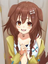 Rule 34 | 1girl, afterimage, animal ears, blush, bone hair ornament, braid, breasts, brown hair, collar, commentary, dog ears, dog girl, dog tail, door, dress, hair between eyes, hair ornament, hand grab, hololive, inugami korone, inugami korone (1st costume), jacket, kakiiro416, looking at viewer, medium breasts, medium hair, motion lines, off shoulder, open mouth, own hands together, pov, red eyes, side braids, sleeveless, sleeveless dress, smile, solo focus, sweatdrop, tail, tail wagging, teeth, twin braids, upper body, virtual youtuber, white dress, yellow jacket