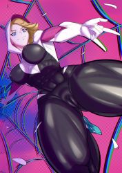 Rule 34 | 1girl, abs, absurdres, animification, between thighs, blonde hair, blue eyes, bodysuit, breasts, cameltoe, gwen stacy, han (laughing nerd), highres, jumpsuit, large breasts, marvel, muscular, muscular female, nipples, silk, smile, solo, spider-man (series), spider web, superhero costume, thigh gap, visible muscle