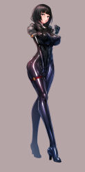 Rule 34 | 1girl, black hair, bodysuit, breasts, brown eyes, covered erect nipples, full body, high heels, highres, impossible bodysuit, impossible clothes, large breasts, latex, long hair, original, rindou (radical dream), shiny clothes, skin tight, solo, thigh strap