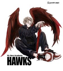 Rule 34 | 1boy, beard, belt, black jacket, black pants, black shirt, blonde hair, boku no hero academia, character name, closed mouth, copyright name, facial hair, feathered wings, feathers, hair between eyes, hawks (boku no hero academia), highres, jacket, long sleeves, looking at viewer, male focus, nike (company), pants, pepepecoooooo, red feathers, red footwear, red wings, shirt, shoes, simple background, sitting, sneakers, spiked hair, spread legs, sword, twitter username, weapon, white background, wings, yellow eyes