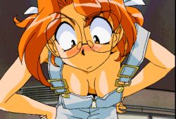 Rule 34 | 1girl, blush, breasts, brown eyes, cleavage, closed mouth, downblouse, frown, glasses, hands on own hips, leaning forward, looking down, lowres, no bra, orange hair, overalls, round eyewear, solo, taisen mahjong final romance 4