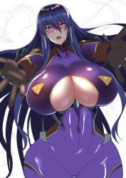 Rule 34 | 1girl, abs, akiyama rinko, bad id, bad twitter id, blue hair, blush, bodysuit, breasts, cleavage cutout, clothing cutout, collarbone, covered erect nipples, covered navel, curvy, gluteal fold, hair between eyes, highres, huge breasts, long hair, looking at viewer, narrow waist, open mouth, pov, purple eyes, shiny clothes, smile, solo, taimanin (series), taimanin suit, taimanin yukikaze, thigh gap, toned, underboob, unfinished, very long hair, wide hips, wtwinmkii2nd