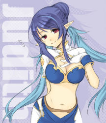 Rule 34 | 00s, 1girl, antenna hair, blue hair, breasts, character name, cleavage, gloves, hair bun, hand on own chest, judith (tales), large breasts, long hair, looking at viewer, midriff, pointy ears, purple hair, red eyes, single hair bun, smile, solo, tales of (series), tales of vesperia, unohana tsukasa, white gloves