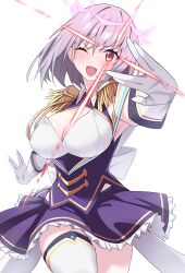 Rule 34 | 1girl, absurdres, back bow, blush, bow, breasts, cleavage, cowboy shot, epaulettes, frills, gloves, gridman universe, gridman universe (film), highres, large breasts, looking at viewer, mizumok1, official alternate costume, one eye closed, open mouth, purple hair, purple skirt, red eyes, shinjou akane, shinjou akane (new order), short hair, simple background, skirt, smile, solo, ssss.gridman, thighhighs, thighs, white background, white bow, white gloves, white thighhighs, zettai ryouiki