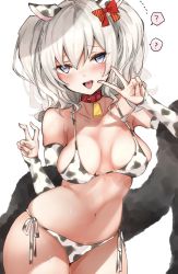 Rule 34 | 1girl, ?, alternate costume, animal ears, animal print, arm warmers, bell, bikini, blue eyes, blush, breasts, chigasaki yukari, chinese zodiac, collar, cow ears, cow print, cowbell, double v, flying sweatdrops, hair between eyes, heart, heart-shaped pupils, highres, kantai collection, kashima (kancolle), long hair, medium breasts, neck bell, open mouth, red collar, side-tie bikini bottom, silver hair, simple background, solo, spoken question mark, sweat, swimsuit, symbol-shaped pupils, twintails, v, wavy hair, white background, year of the ox
