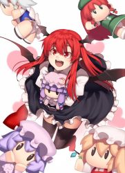 Rule 34 | 1girl, black skirt, black thighhighs, black wings, blonde hair, blue bow, blunt bangs, book, bow, braid, character doll, crescent, crescent hair ornament, hugging doll, flandre scarlet, hair bow, hair ornament, hat, head wings, hong meiling, izayoi sakuya, juliet sleeves, kaiza (rider000), koakuma, long hair, long sleeves, mob cap, hugging object, open mouth, patchouli knowledge, pointy ears, puffy sleeves, purple hair, red bow, red eyes, red hair, remilia scarlet, sidelocks, silver hair, simple background, skirt, smile, solo, thighhighs, touhou, twin braids, vest, white background, wings, | |