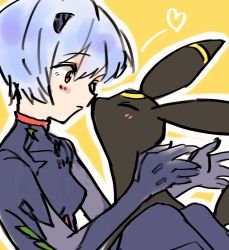 Rule 34 | 1girl, artist request, ayanami rei, blue hair, blush, bodysuit, breasts, creatures (company), crossover, game freak, gen 2 pokemon, happy, highres, looking at another, neon genesis evangelion, nintendo, plugsuit, pokemon, pokemon (creature), rebuild of evangelion, red eyes, shiny clothes, short hair, sitting, smile, umbreon