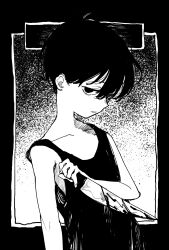 Rule 34 | 1boy, black hair, blood, frown, greyscale, hair between eyes, highres, holding, holding knife, knife, llll nnmn, looking at viewer, male focus, monochrome, omori, solo, sunny (omori), tank top, upper body