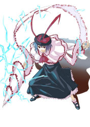 Rule 34 | 1girl, ascot, bowl, bowl hat, capelet, cuboon, drill, female focus, fighting stance, full body, hat, nagae iku, simple background, solo, standing, touhou, white background