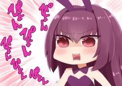 Rule 34 | 1girl, animal ears, bare shoulders, blush, bow, bowtie, chibi, fake animal ears, fate/grand order, fate (series), hair between eyes, hairband, highres, i.u.y, leotard, long hair, looking at viewer, lower teeth only, official alternate costume, open mouth, playboy bunny, purple bow, purple bowtie, purple hair, purple hairband, purple leotard, rabbit ears, red eyes, scathach (fate), scathach (piercing bunny) (fate), solo, strapless, strapless leotard, teeth, translation request, upper body, upper teeth only