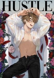 Rule 34 | 1boy, arms up, bathtub, black male underwear, black pants, blonde hair, blouse, boku no hero academia, cover, cowboy shot, ear piercing, earrings, facial hair, facial mark, feathers, flower, goatee, hawks (boku no hero academia), highres, jewelry, keva (liltkeva), licking lips, light blush, looking at viewer, lying on water, magazine cover, male focus, male underwear, naughty face, nipples, open clothes, open fly, open shirt, pants, parted hair, partially submerged, piercing, red feathers, see-through, see-through shirt, shirt, short hair, solo, stubble, stud earrings, tongue, tongue out, underwear, wet, wet clothes, wet shirt, yellow eyes