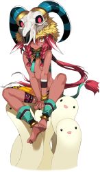 Rule 34 | 1girl, :&lt;, animal ears, barefoot, bracelet, braid, breasts, dark-skinned female, dark skin, feet, full body, jewelry, jpeg artifacts, long hair, midriff, monster, official art, one eye covered, onono imoko, pink hair, rance (series), sidelocks, sioux province, sitting, skull, small breasts, solo, tail, thigh strap, toes, transparent background, twin braids, v arms, very long hair, yellow eyes