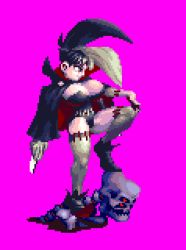 Rule 34 | alternate hair length, alternate hairstyle, animated, animated gif, atlus, black hair, bouncing breasts, breasts, bustier, cape, cleavage, elbow gloves, gloves, high collar, huge breasts, knife, leg up, lowres, multicolored hair, necro samantha, pixel art, princess crown, red eyes, short hair, skeleton, skull, stitches, thighhighs, thighs, two-tone hair, vampire costume, vanillaware, walk cycle