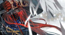 Rule 34 | 1boy, blood, blood on clothes, blue cloak, blurry, cloak, commentary, depth of field, fate/grand order, fate (series), highres, holding, holding sword, holding weapon, lack, long hair, looking at viewer, male focus, mask, mouth mask, okada izou (fate), okada izou (second ascension) (fate), red eyes, red hair, sandogasa, snow, solo, sword, weapon