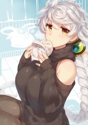 Rule 34 | 10s, 1girl, alternate costume, asymmetrical hair, bad id, bad pixiv id, baozi, bare shoulders, black pantyhose, black sweater, blurry, braid, breasts, casual, depth of field, eating, food, hair ornament, jitome, kantai collection, large breasts, long hair, looking at viewer, pantyhose, pokoten (pokoten718), ribbed sweater, silver hair, single braid, sitting, solo, sweater, turtleneck, turtleneck sweater, unryuu (kancolle), very long hair, yellow eyes