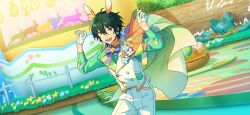 Rule 34 | 1boy, animal ears, aqua eyes, blue flower, buttons, collared shirt, easter egg, egg, ensemble stars!, flower, gloves, green hair, hair between eyes, hands up, happy elements, heterochromia, kagehira mika, long sleeves, microphone, nest, official art, open mouth, orange flower, purple flower, purple ribbon, rabbit, rabbit ears, rabbit tail, ribbon, shirt, short hair, solo, tail, teeth, third-party source, upper teeth only, white gloves, yellow eyes, yellow flower
