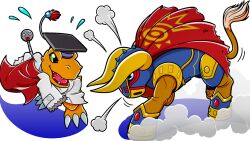 Rule 34 | puff of air, agumon hakase, artist request, bull, bullfighting, bullmon, cape, digimon, digimon (creature), flying sweatdrops, hat, holding, holding cape, holding clothes, holding pointer, lab coat, mortarboard, no humans, official art, pointer, red cape, sleeves past fingers, sleeves past wrists, snorting