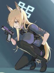 Rule 34 | 1girl, animal ears, black footwear, black gloves, black necktie, black pantyhose, black skirt, blonde hair, blue archive, blue eyes, blue halo, blue shirt, boots, breasts, clenched teeth, collared shirt, full body, glock, gloves, gun, hair over one eye, halo, handgun, highres, holding, holding gun, holding magazine (weapon), holding weapon, injury, izumo (ton 63), kanna (blue archive), large breasts, long hair, magazine (weapon), necktie, pantyhose, pencil skirt, sharp teeth, shirt, short sleeves, skirt, solo, teeth, torn clothes, torn shirt, weapon