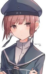 Rule 34 | 1girl, absurdres, black neckerchief, blue dress, blue hat, blue sailor collar, blunt bangs, brown eyes, brown hair, clothes writing, commentary request, dress, hat, highres, kantai collection, looking at viewer, neckerchief, raymie0124, sailor collar, sailor dress, sailor hat, short hair, simple background, solo, upper body, white background, z3 max schultz (kancolle)