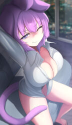 Rule 34 | 1girl, absurdres, ahoge, arm up, barefoot, blush, breasts, cleavage, highres, hololive, large breasts, looking at viewer, medium hair, naked shirt, nekomata okayu, nekomata okayu (oversized shirt), official alternate costume, one eye closed, purple eyes, purple hair, shirousagi (sirousagi0501), shirt, smile, solo, virtual youtuber, white shirt