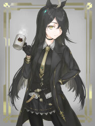 1girl absurdres ahoge animal_ears black_choker black_coat black_gloves black_hair black_pantyhose black_shirt choker closed_mouth coat competition_school_swimsuit cup gloves hair_over_one_eye highres holding holding_cup horse_ears horse_girl long_bangs long_hair long_sleeves manhattan_cafe_(umamusume) mug necktie open_clothes open_coat pantyhose pleated_skirt rasa_k school_swimsuit shirt skirt solo swimsuit umamusume very_long_hair white_hair yellow_eyes yellow_necktie