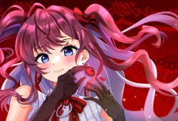 Rule 34 | 1girl, akaten38, black gloves, blue eyes, blush, bow, bowtie, brown hair, earrings, gloves, hair bow, hands up, highres, ichinose shiki, idolmaster, idolmaster cinderella girls, jewelry, long hair, red background, red bow, red bowtie, solo, upper body