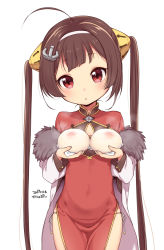 Rule 34 | 1girl, :o, ahoge, anchor hair ornament, azur lane, baozi, blunt bangs, blush, breast padding, brown hair, china dress, chinese clothes, commentary request, dated, dress, food, fur-trimmed jacket, fur trim, hair ornament, hairband, hairpods, head tilt, holding, holding food, jacket, kanya pyi, long hair, long sleeves, looking at viewer, off shoulder, panties, pantylines, parted lips, pelvic curtain, ping hai (azur lane), red dress, red eyes, sexually suggestive, side-tie panties, simple background, solo, translated, twintails, underwear, very long hair, white background, white hairband, white jacket, white panties