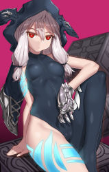 Rule 34 | 1girl, arm support, asymmetrical clothes, bad id, bad pixiv id, bare arms, bare shoulders, black bodysuit, bodysuit, chain chronicle, closed mouth, clothing aside, covered navel, cube, expressionless, flower, gauntlets, groin, hair flower, hair ornament, hair tie, hood, hood up, hooded bodysuit, knee up, long hair, looking at viewer, nt00, red eyes, shiny skin, sidelocks, silver hair, single gauntlet, sitting, skin tight, solo, tattoo, tsurime, yuni (chain chronicle)