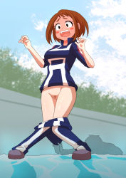 Rule 34 | 1girl, assisted exposure, blush, boku no hero academia, breasts, brown eyes, brown hair, cleft of venus, clothes pull, embarrassed, female pubic hair, highres, humiliation, knees together feet apart, large breasts, no panties, open mouth, outdoors, pants, pants pull, pantsing, pubic hair, pulling another&#039;s clothes, pussy, sarura, shiny skin, sky, solo focus, standing, sweat, teeth, thighs, tree, upper teeth only, uraraka ochako