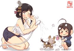 Rule 34 | &gt; &lt;, 2girls, :3, ahoge, alternate costume, artist logo, barefoot, black hair, black shorts, blue hoodie, braid, breasts, brown hair, child, commentary request, dated, dog, hair ornament, hair over shoulder, highres, hood, hood down, hoodie, kanon (kurogane knights), kantai collection, large breasts, multiple girls, one eye closed, open mouth, puppy, red eyes, seiza, shigure (kancolle), shirt, short shorts, shorts, shower head, showering, simple background, single braid, sitting, sleeves rolled up, smile, soap bubbles, sponge, squatting, tied shirt, wet, wet clothes, wet shirt, wet shirt, white background, white shirt, yamashiro (kancolle), aged down