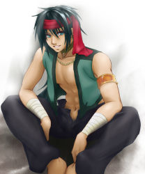 Rule 34 | 1boy, armlet, bad id, bad pixiv id, black hair, black pants, blue eyes, feet out of frame, guin saga, hair between eyes, hamu (riyahb), headband, istvan, jewelry, looking at viewer, male focus, navel, necklace, pants, parted lips, red headband, simple background, sitting, solo, white background