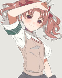 Rule 34 | 1girl, arm up, armband, black skirt, bow, brown eyes, brown hair, brown sweater vest, closed mouth, collared shirt, commentary request, female focus, green armband, grey background, hair bow, highres, holding, holding needle, long hair, looking at viewer, needle, parted bangs, red bow, school uniform, shirai kuroko, shirt, short sleeves, skirt, slit pupils, smile, solo, summer uniform, sweater vest, taku hanamiyap, throwing needles, toaru kagaku no railgun, toaru majutsu no index, tokiwadai school uniform, twintails, upper body, white shirt