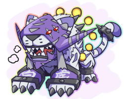 Rule 34 | baihumon, chibi, claws, digimon, digimon (creature), fangs, looking at viewer, mask, multiple eyes, red eyes, simple background, solo, tiger
