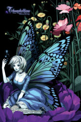 Rule 34 | 1girl, blonde hair, blue wings, breasts, bug, butterfly, butterfly wings, cleavage, dress, fairy, flower, insect, insect wings, large breasts, maggi, mini person, minigirl, short hair, solo, sparkle, thighhighs, thumbellina, wings