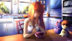 Rule 34 | 1girl, bare shoulders, bowl, brown hair, cereal, chair, commentary, cosplay, creatures (company), doki doki literature club, doll, english commentary, english text, game freak, gen 7 pokemon, green eyes, hair down, half-closed eyes, indoors, jewelry, kitchen, long hair, mimikyu, monika (doki doki literature club), nintendo, open mouth, patreon username, pokemon, pokemon (creature), protagonist (doki doki literature club), protagonist (doki doki literature club) (cosplay), ring, solo, table, takuyarawr, tile wall, tiles